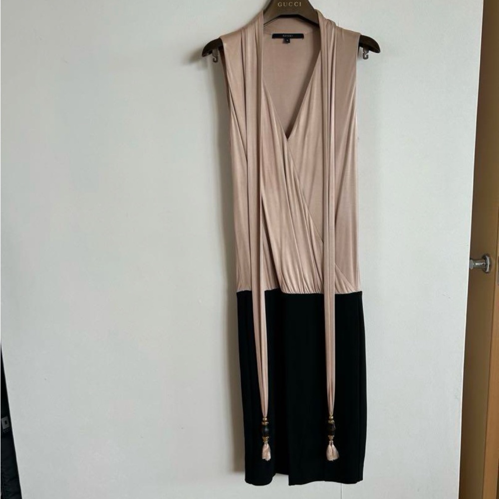 Gucci Tan Sheath Midi Dress Plunge Neckline